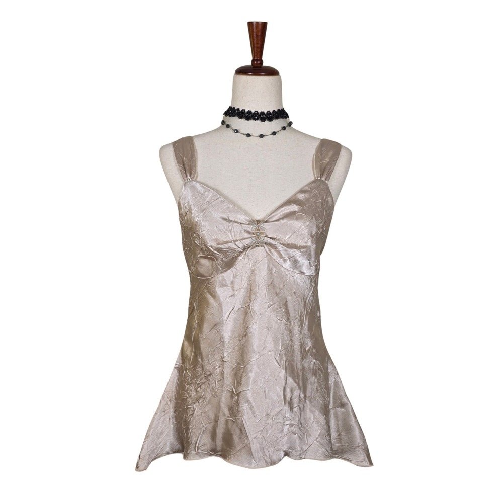 Vintage Y2K Asymmetrical Tank Size L‎ Champagne Gold Crinkle Fairy Whimsigoth